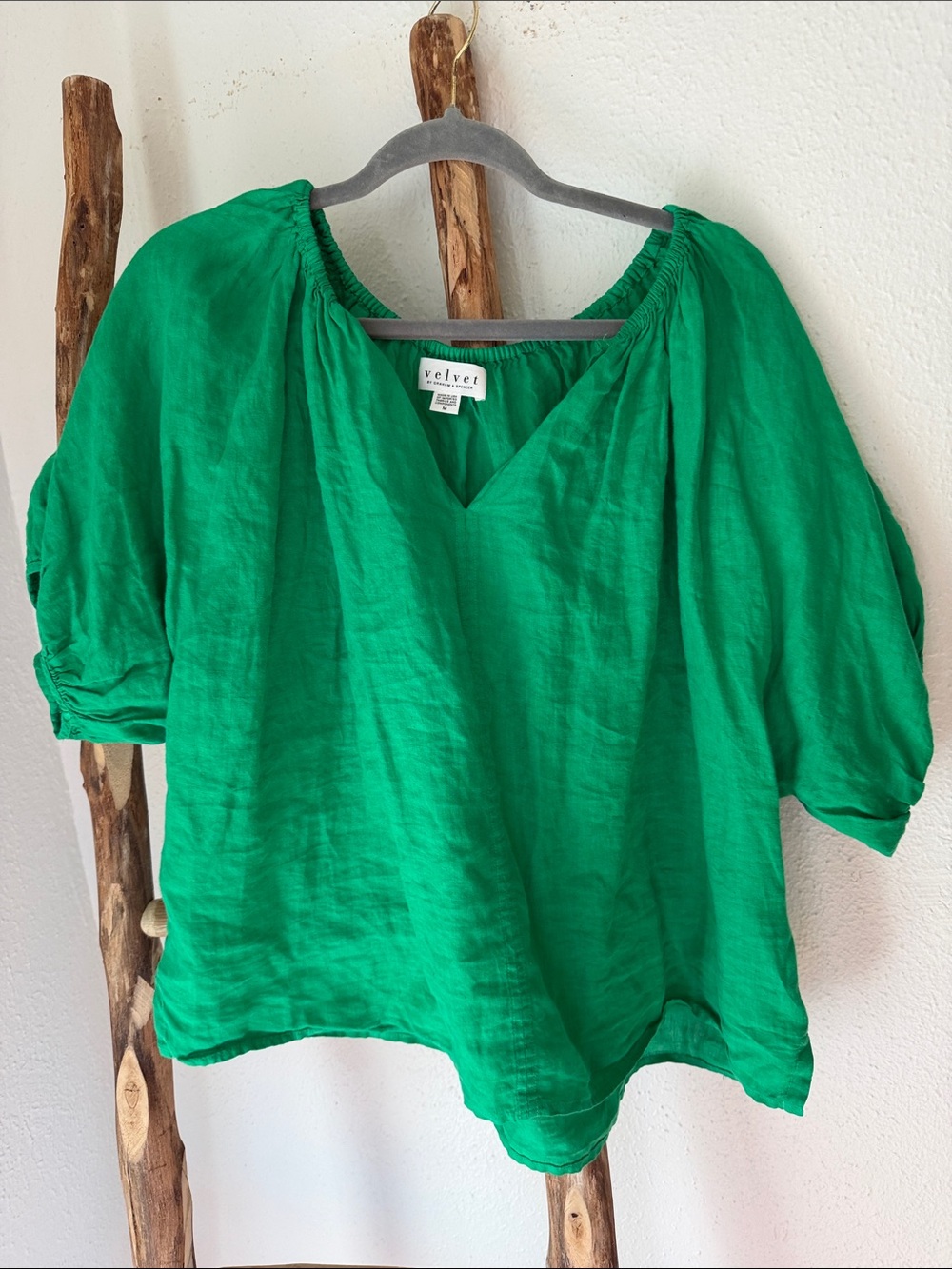 Velvet Linen Bright Kelly Green V-Neck Puff Short Sleeve Relaxed Top Emerald M